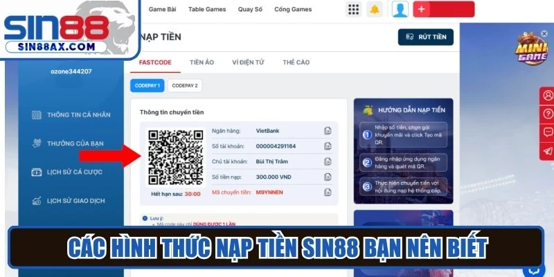 Các hình thức nạp tiền Sin88 bạn nên biết 